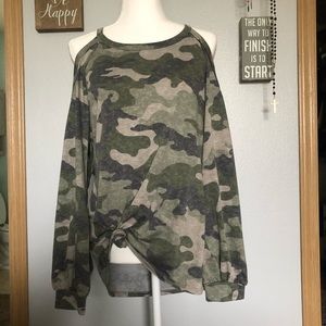 Hopely Camo Long Sleeve Cold Shoulder, Very Soft